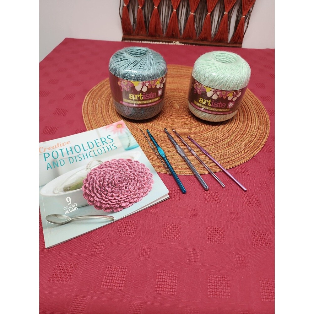 Craft Lot 5 Crochet Hooks, Pattern Book And 2 Artiste Acrylic Crochet Thread